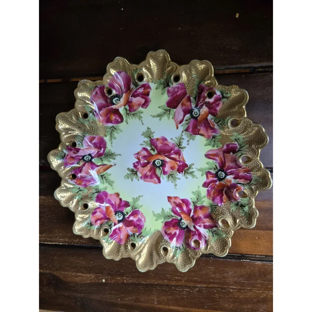 Vintage Kioto Winseluck Japan 12” Porcelain Floral Plate Hand Painted Gold Pierc